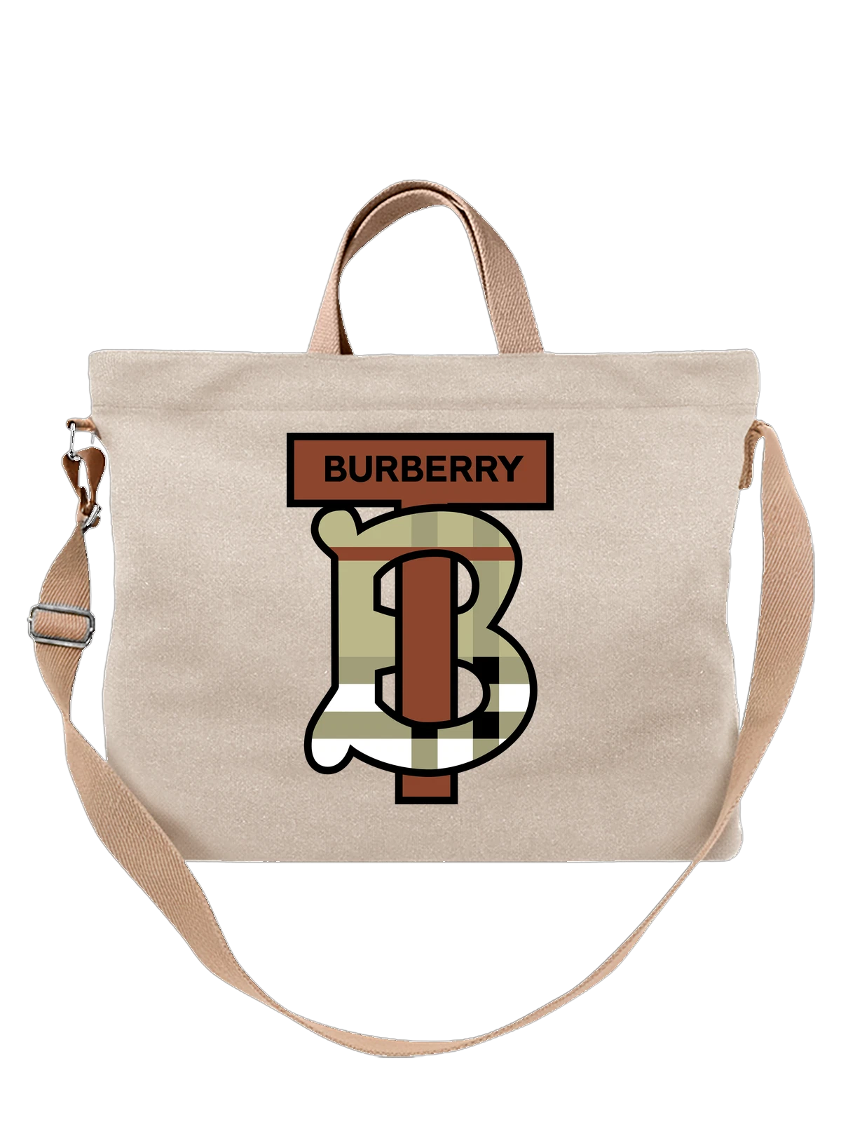 Сумка бежевая с принтом Burberry с крупным логотипом B и клеткой — фирменная клетка — Бежевая, фото 1