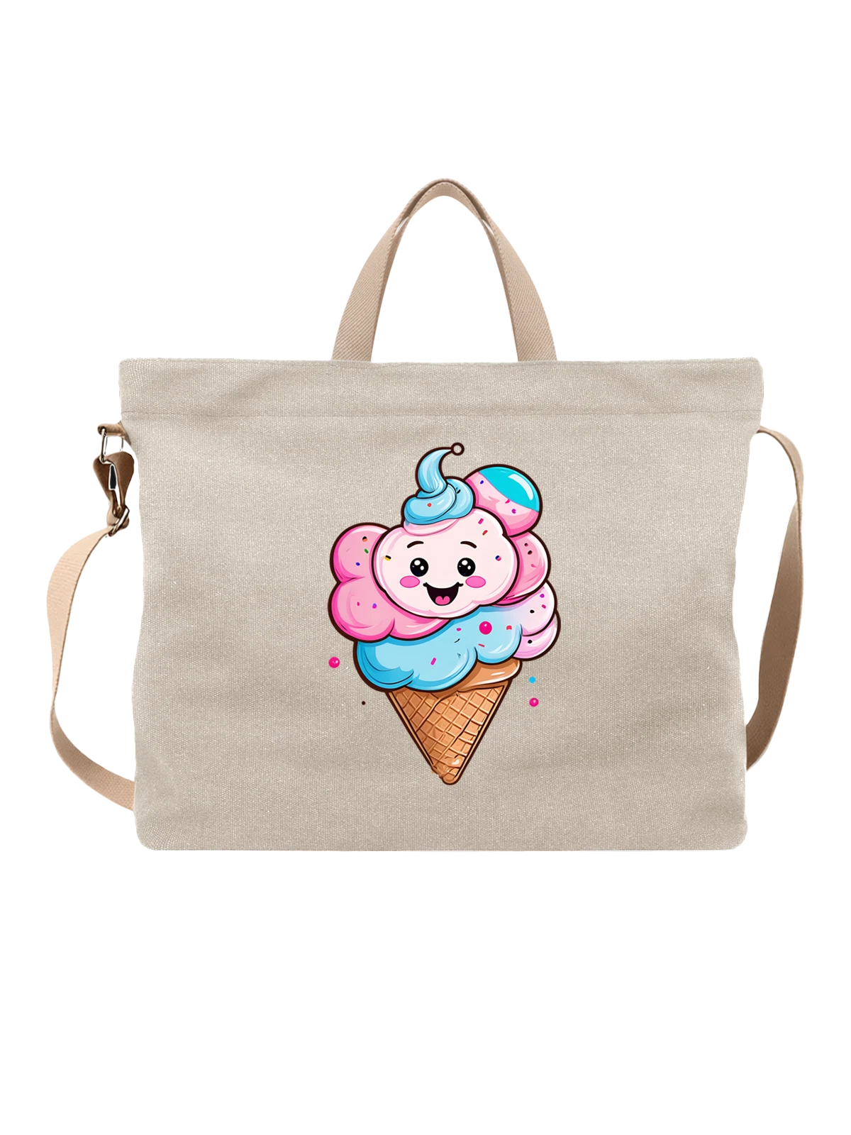 Сумка бежевая с принтом Милый ice cream cone с глазками и посыпкой — голубой крем — Бежевая, фото 1