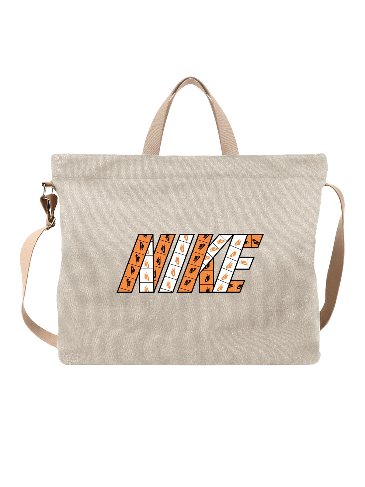 Сумка с логотипами Nike и черно оранжевой графикой белая с принтом — повторяющийся узор — Белая, фото 1