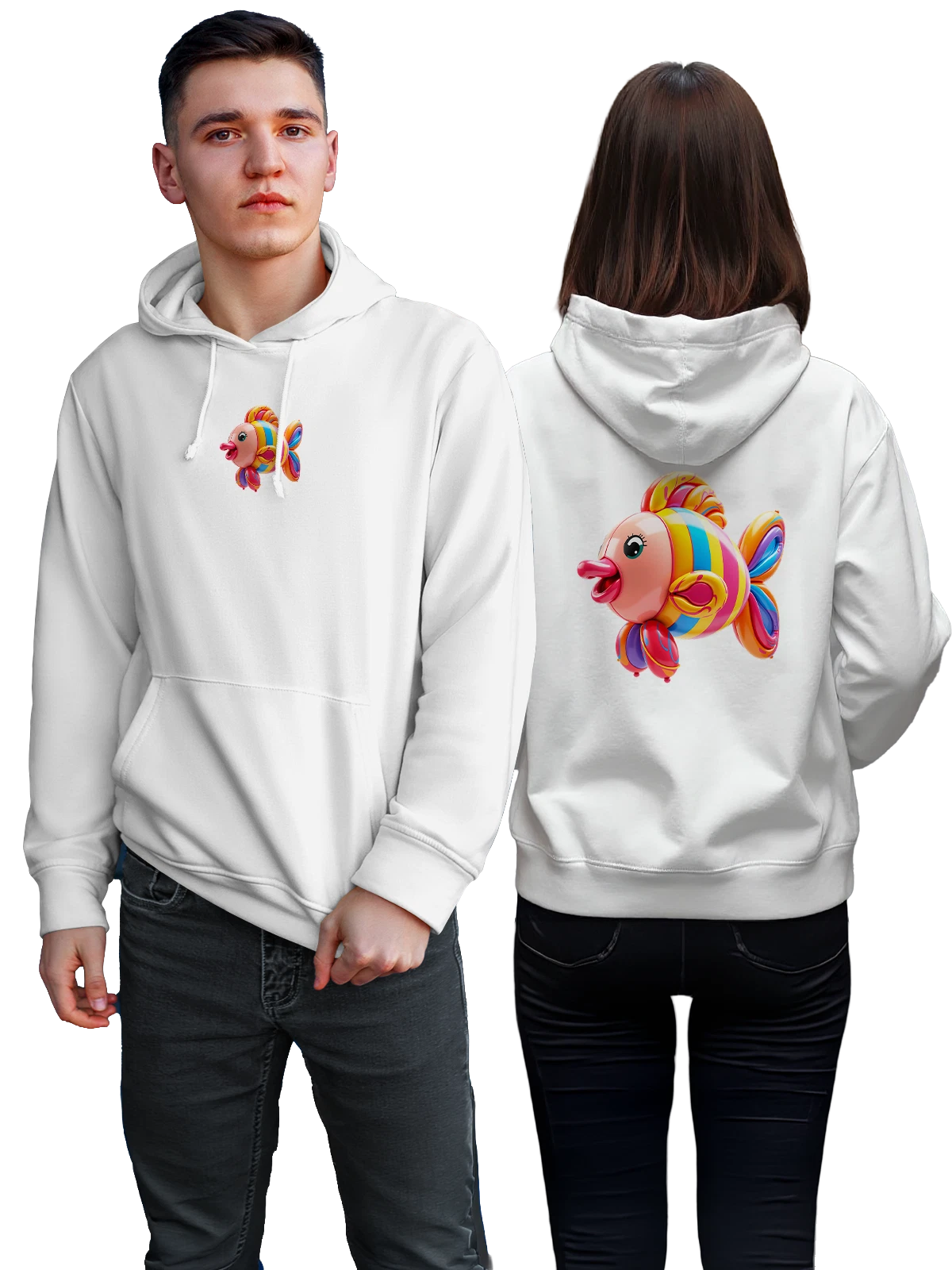 Худи Цветная рыбка из шаров с полосами белое с принтом — яркие цвета — Белая, фото 1