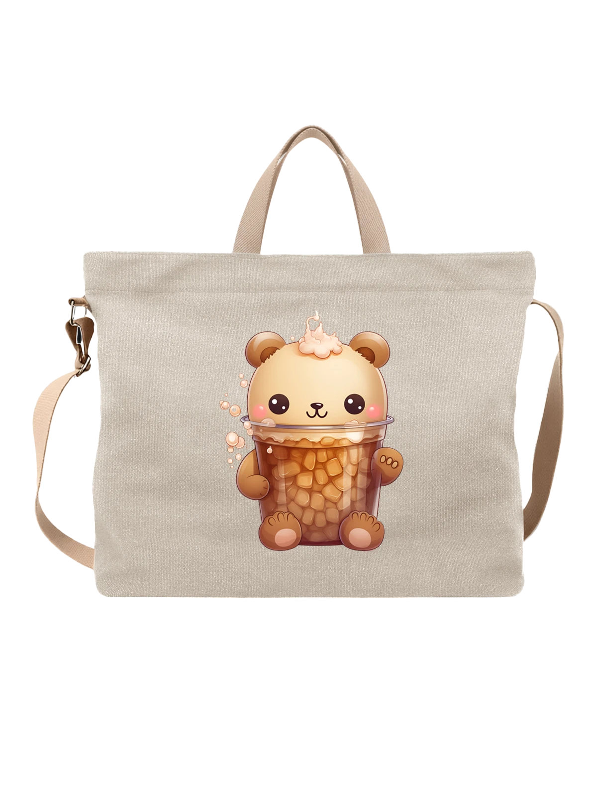 Сумка бежевая с принтом с kawaii bear в стаканчике — cute bear — Бежевая, фото 1