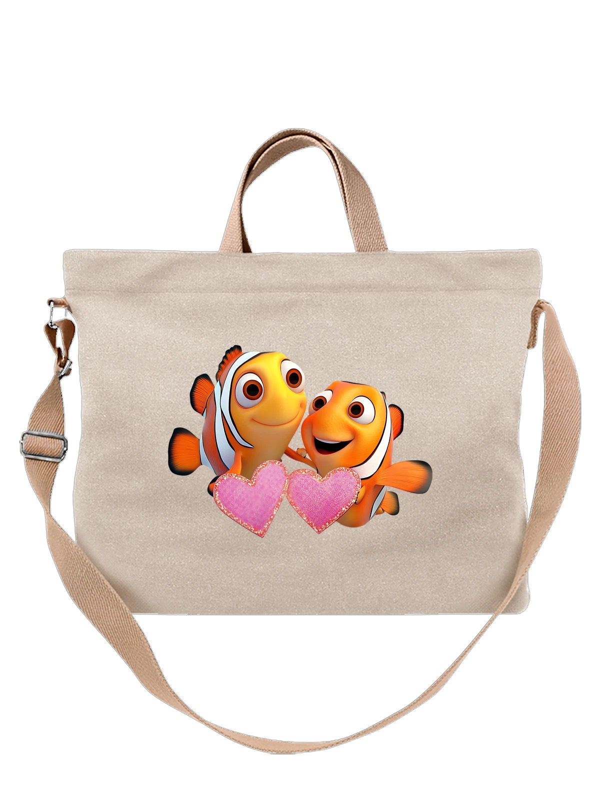 Сумка бежевая с принтом Две clownfish-клоуна с розовыми сердцами — подводный мир — Бежевая, фото 1