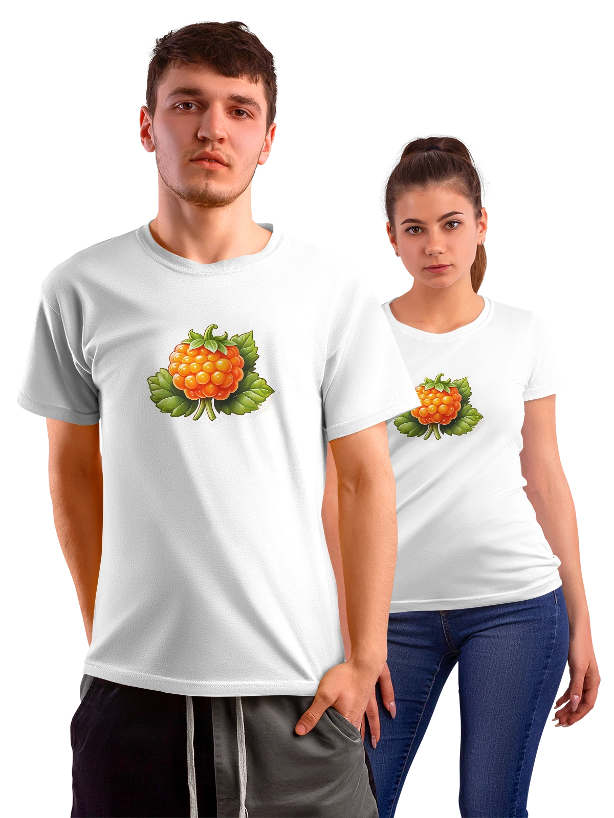 Футболка с яркой малиной и зелёными листьями на ветке белая с принтом — ботаническая иллюстрация — Белая, фото 1