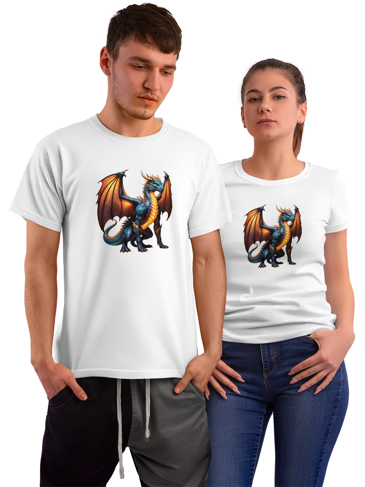 Футболка Синий дракон с оранжевыми крыльями белая с принтом — фантазийный персонаж — Белая, фото 1