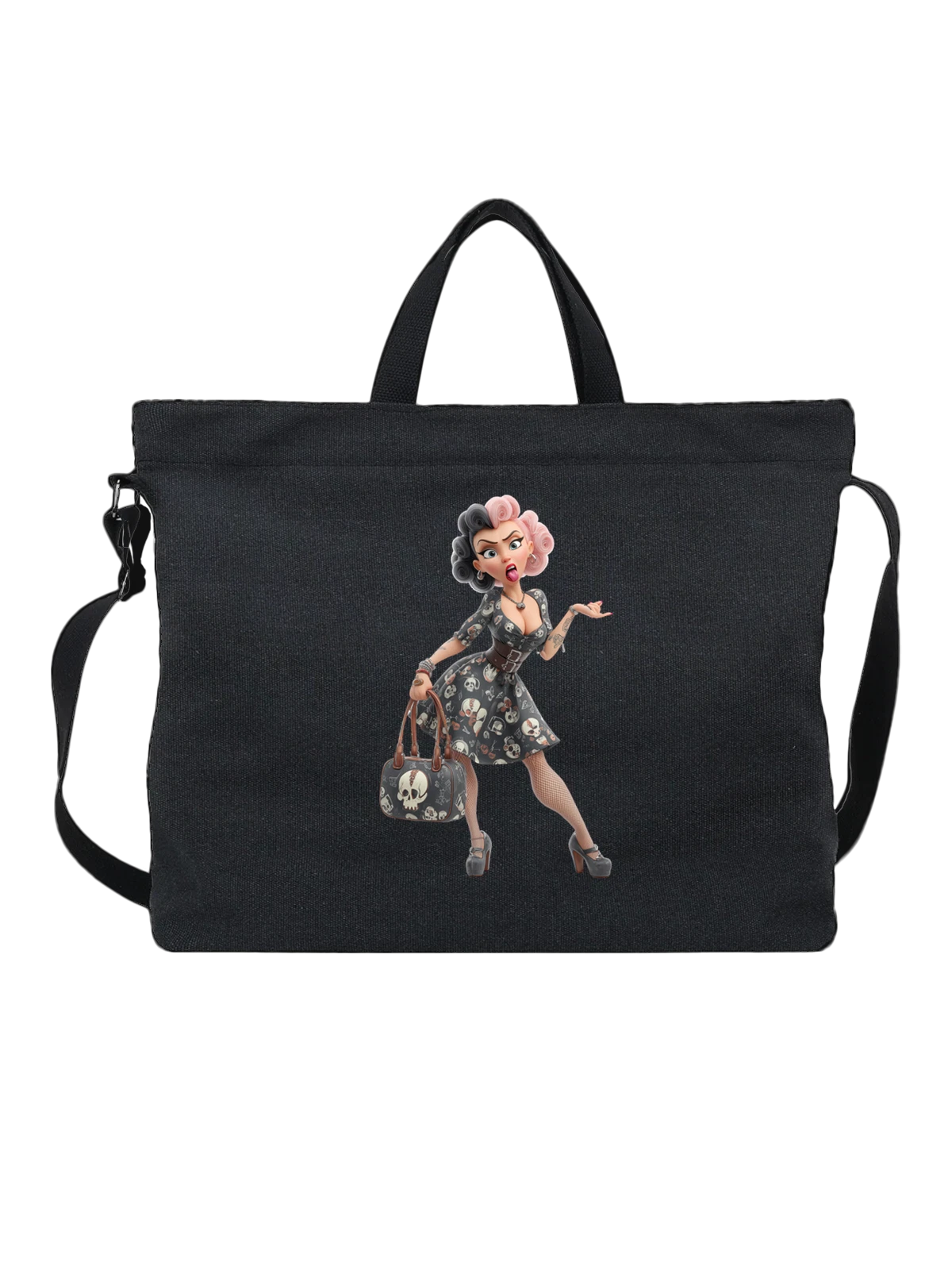 Сумка чёрная с принтом Gothic doll в платье с черепами — handbag — Чёрная, фото 1