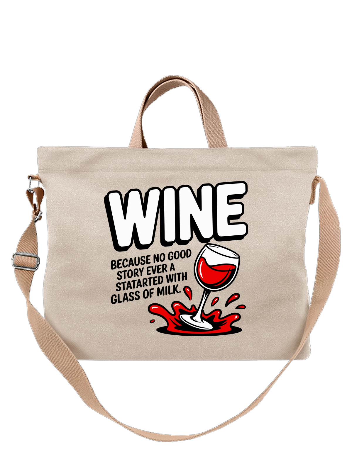 Сумка бежевая с принтом с бокалом вина и надписью WINE красным — красные брызги — Бежевая, фото 1