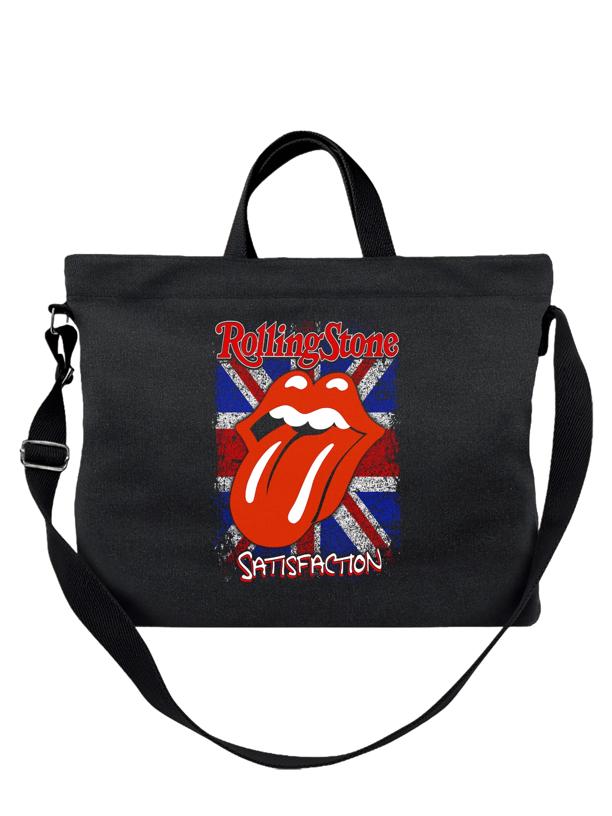 Сумка чёрная с принтом Rolling Stones с логотипом губы и языка — рок — Чёрная, фото 1