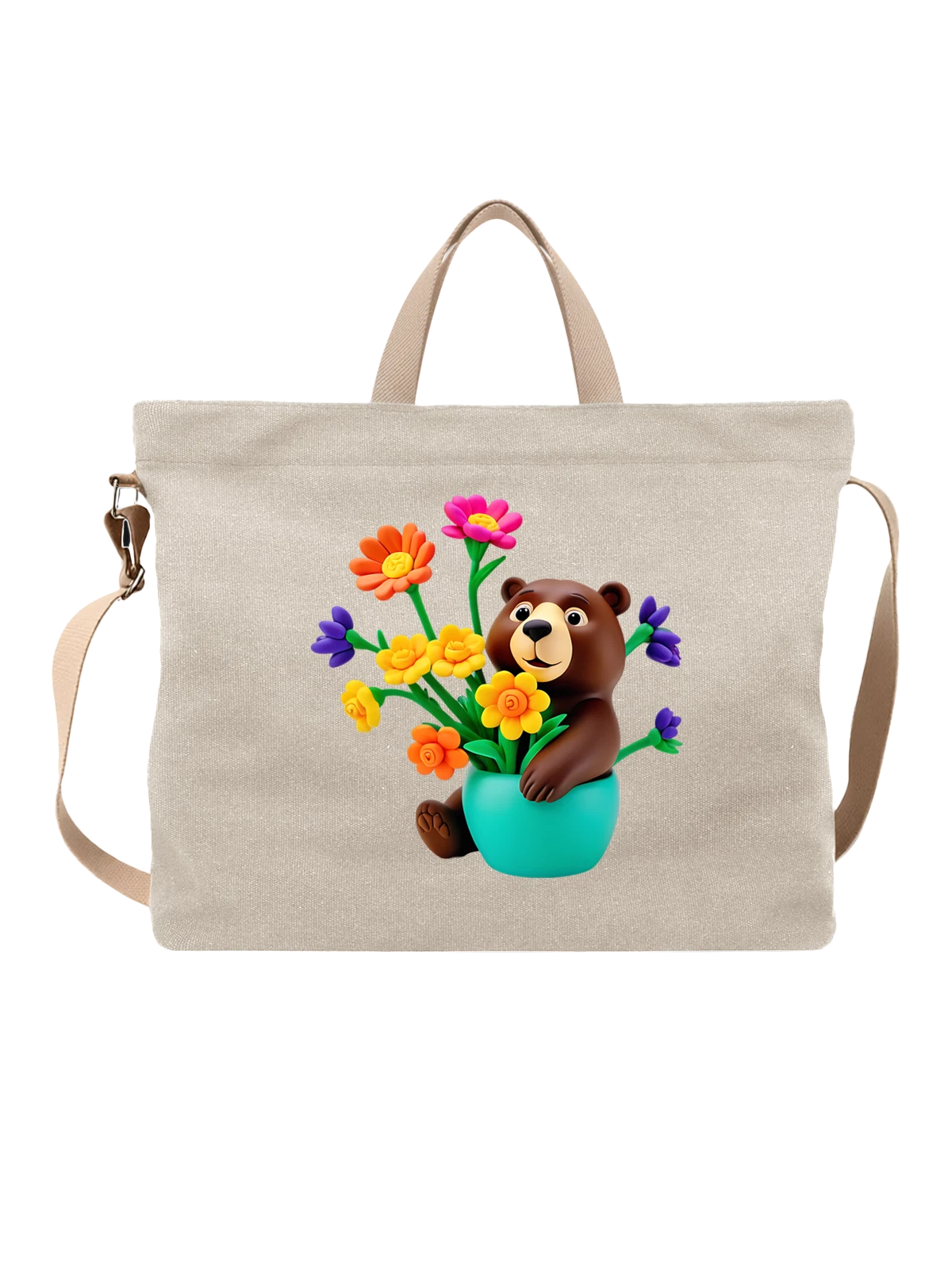 Сумка бежевая с принтом Милый медвежонок с цветами в горшке — bear with bouquet — Бежевая, фото 1