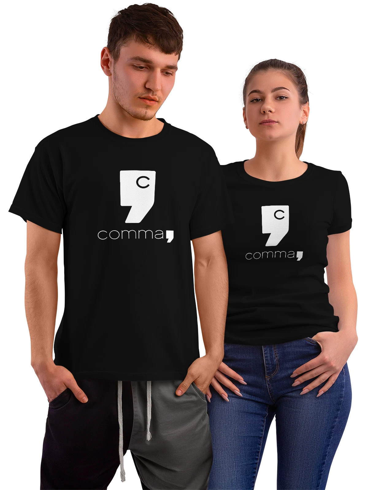 Футболка Comma чёрная с принтом — современная айдентика — Чёрная, фото 1