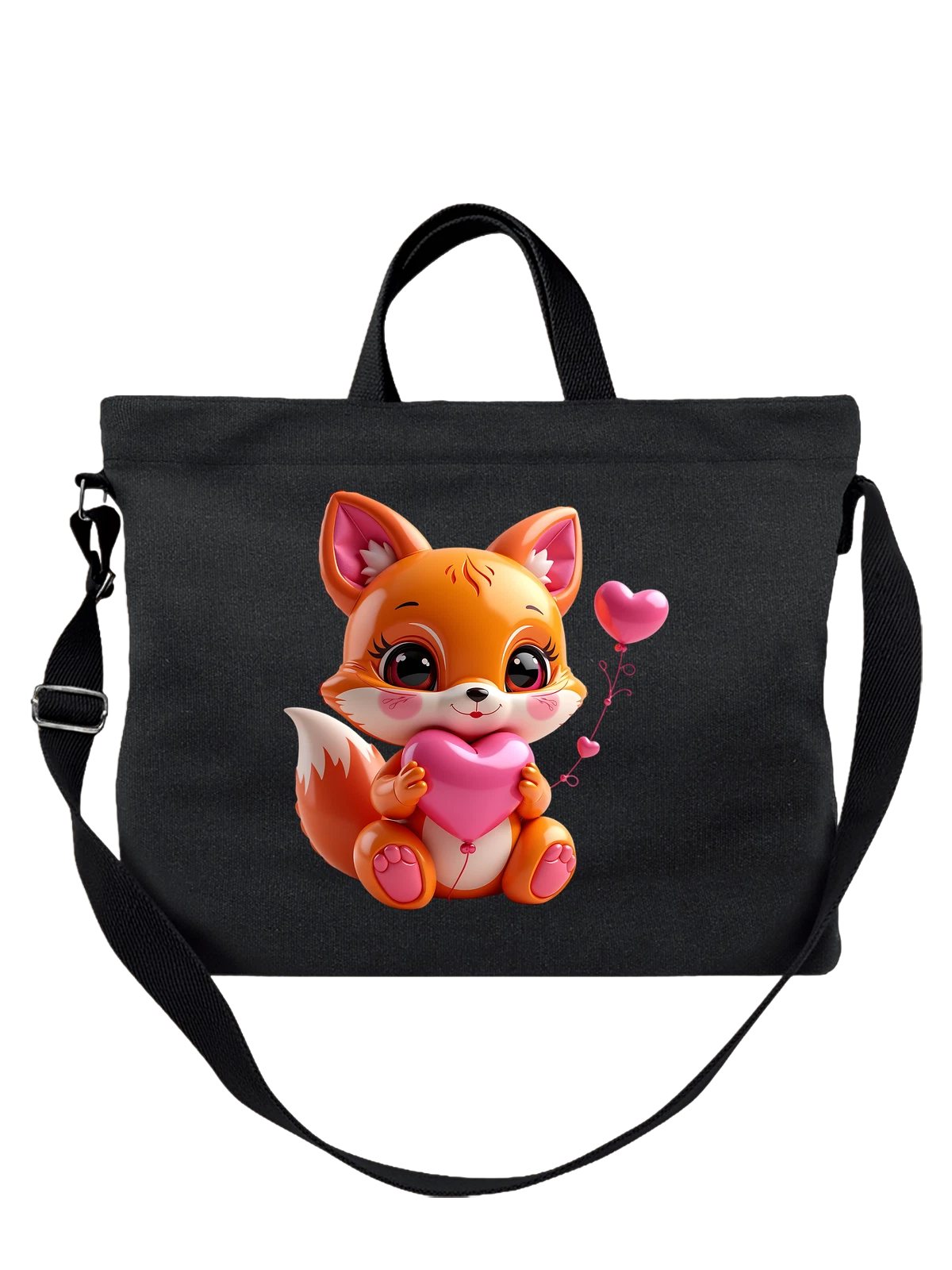 Сумка чёрная с принтом Милый лисенок с сердцем и шариком — kawaii fox — Чёрная, фото 1