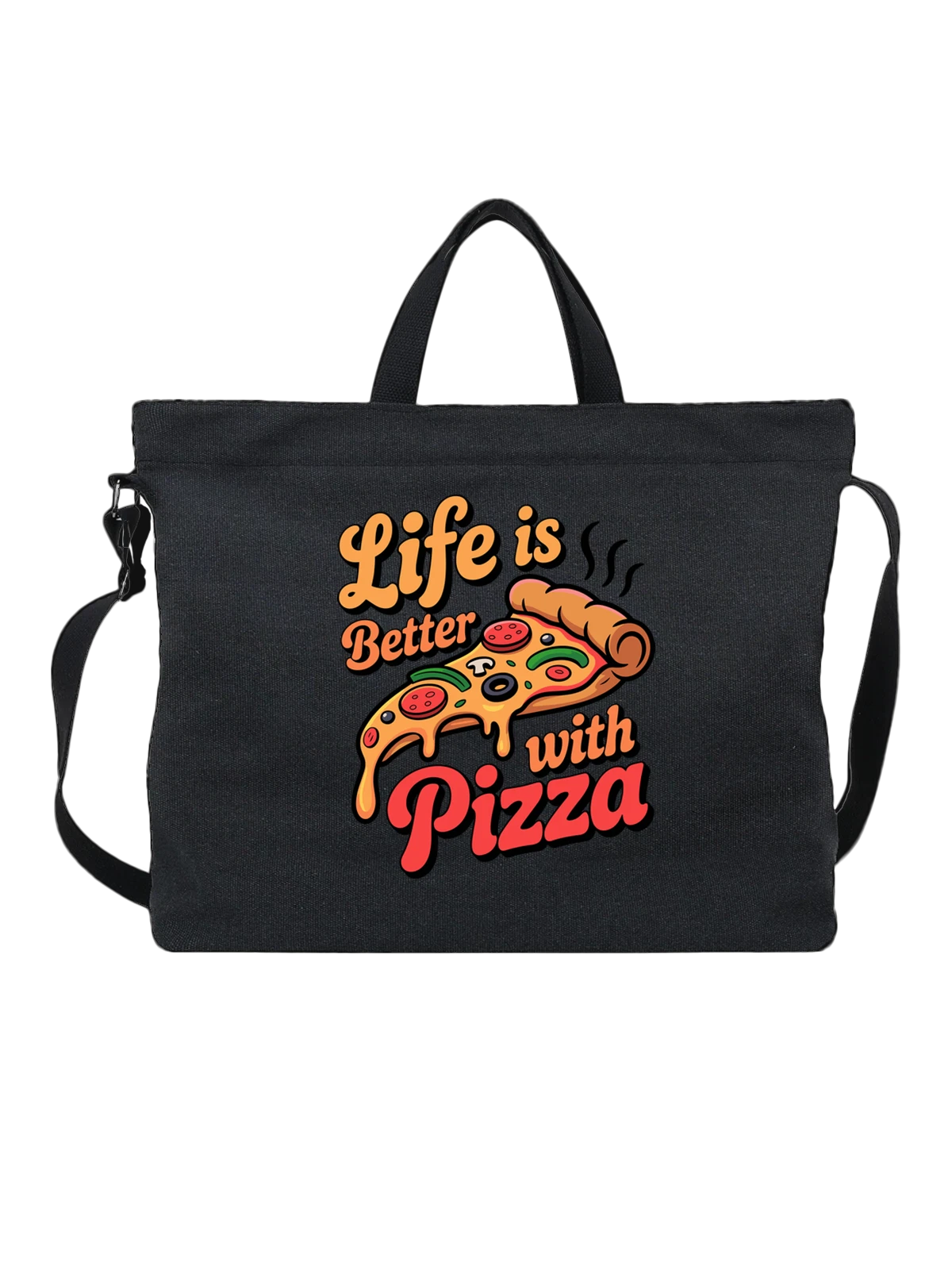 Сумка чёрная с принтом с надписью Life is Better with Pizza — оливки — Чёрная, фото 1