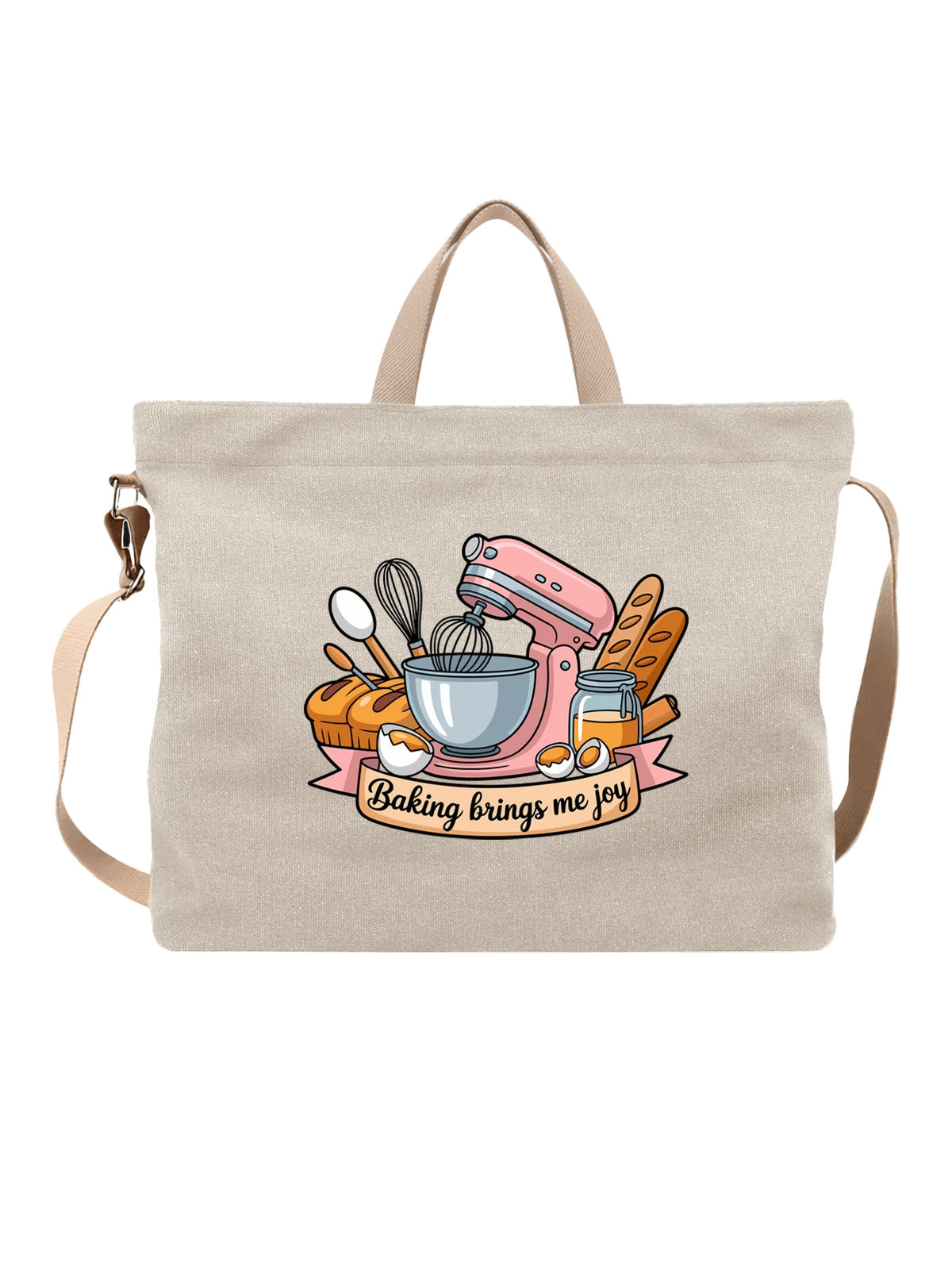 Сумка бежевая с принтом Миксер для выпечки с надписью Baking brings me joy — багет — Бежевая, фото 1