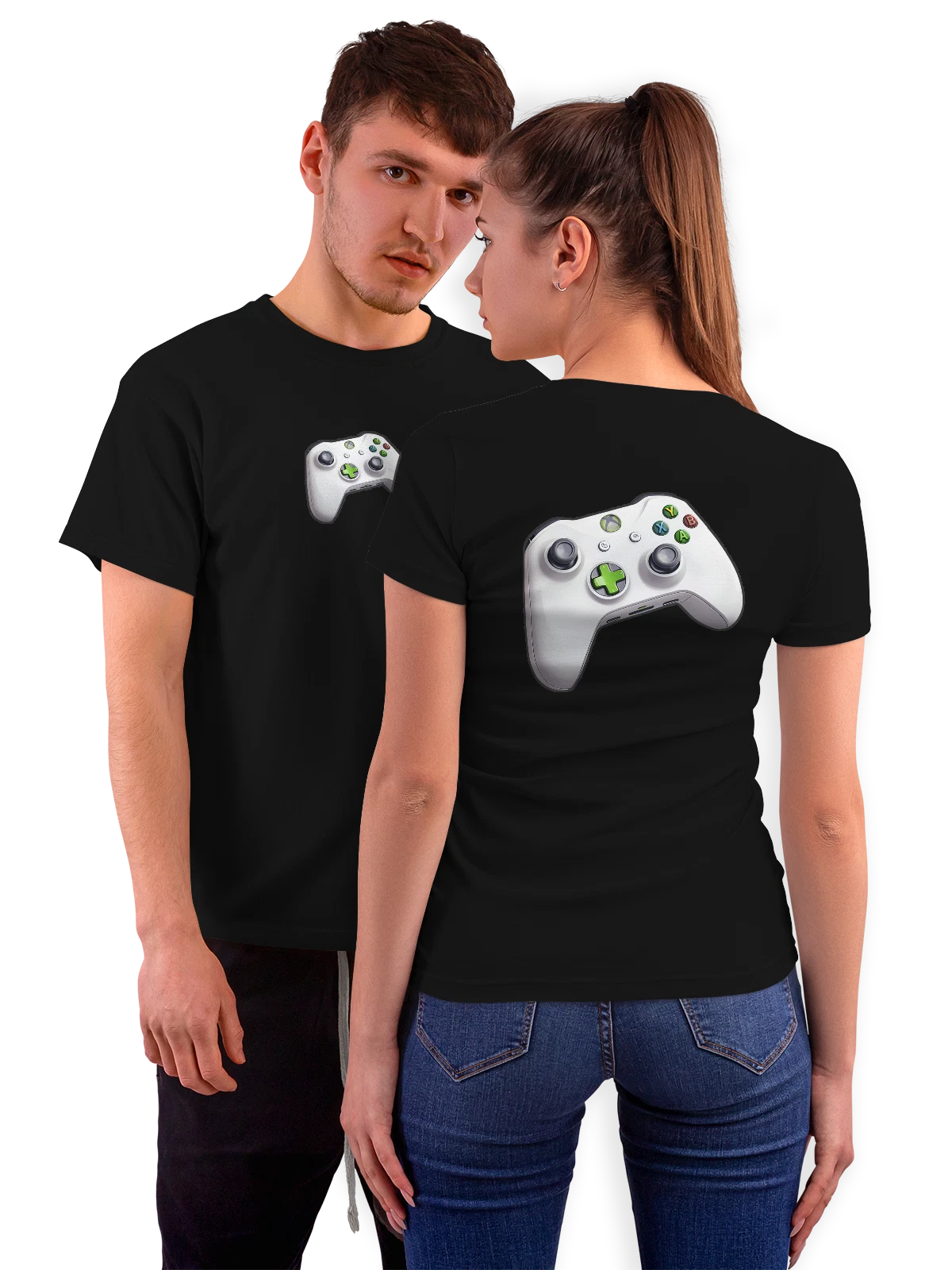 Футболка Белый геймпад Xbox с цветными кнопками чёрная с принтом на спине — кнопки A B X Y — Чёрная, фото 1
