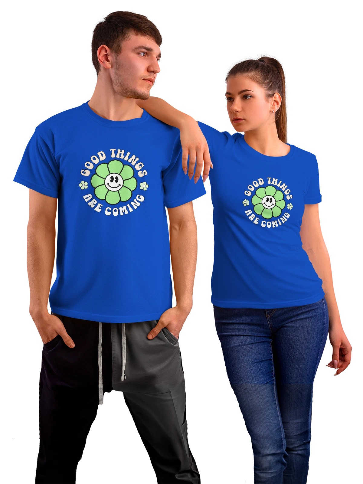 Футболка Цветок со смайлом good things синяя с принтом — флористика — Синяя, фото 1