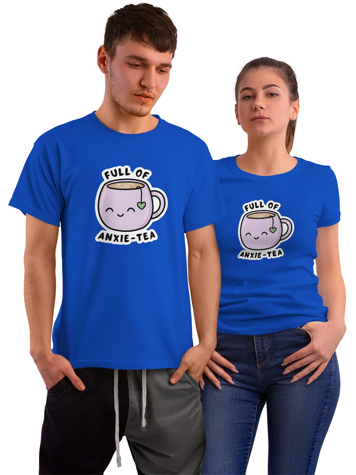 Футболка Милая кружка чая с надписью ANXIE-TEA синяя с принтом — улыбка — Синяя, фото 1