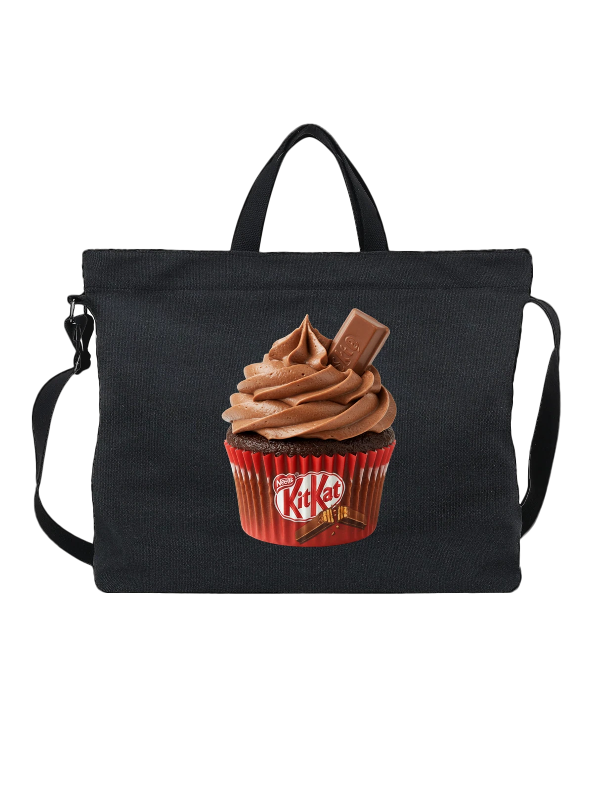 Сумка чёрная с принтом KitKat cupcake с шоколадным кремом — логотип KitKat — Чёрная, фото 1