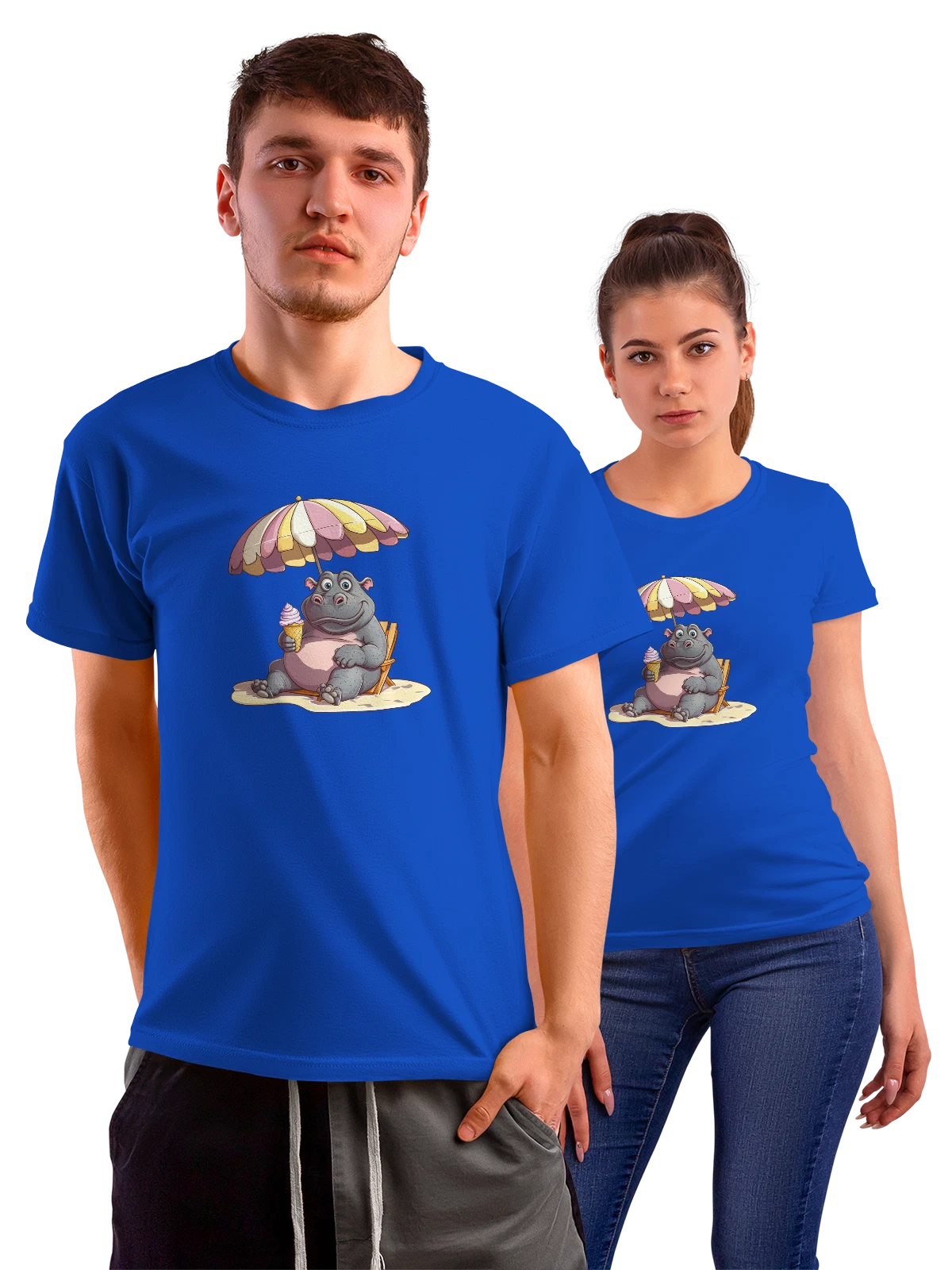 Футболка Бегемот с мороженым под пляжным зонтом синяя с принтом — летний отдых — Синяя, фото 1