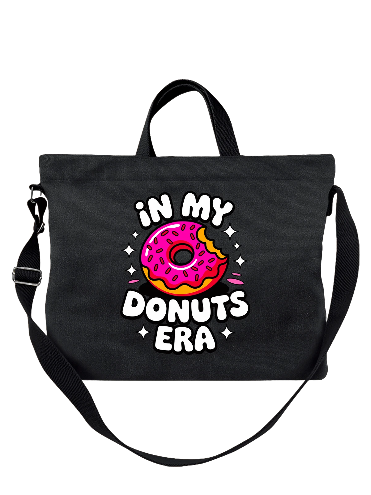 Сумка чёрная с принтом Пончик с надписью in my donuts era — выпечка — Чёрная, фото 1