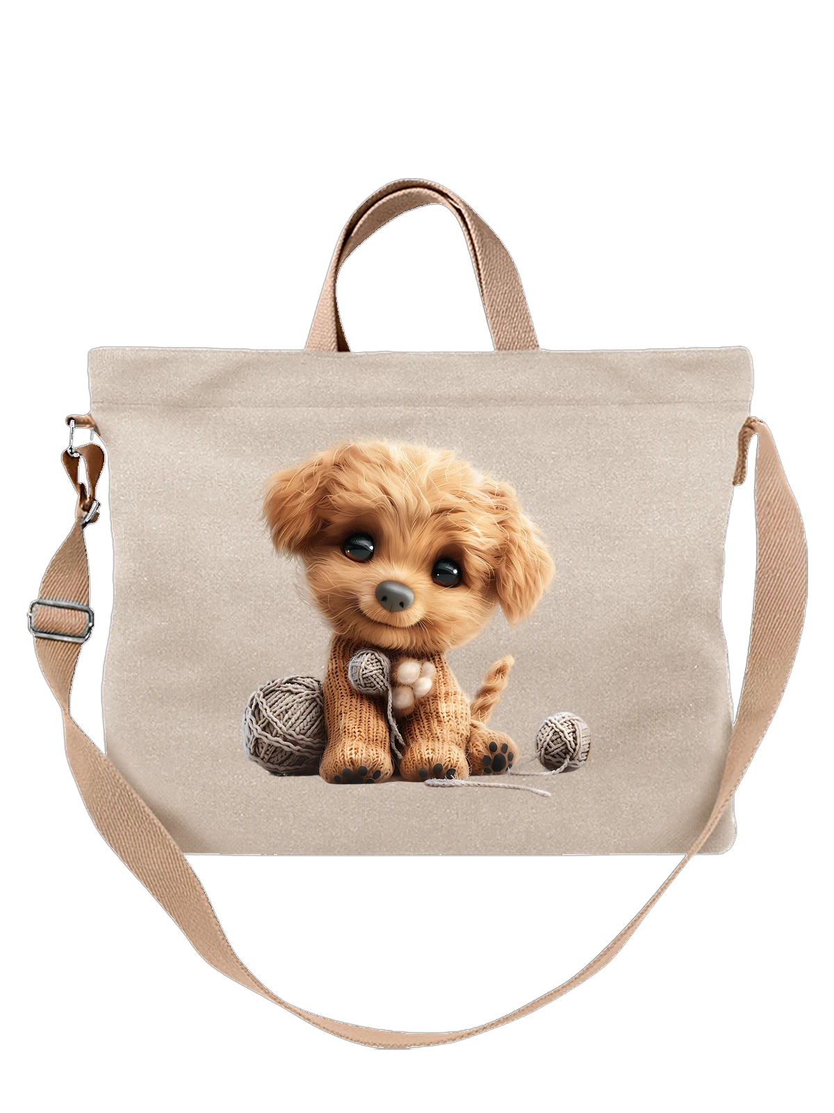 Сумка бежевая с принтом Toy poodle с клубками пряжи и лапками — cute puppy — Бежевая, фото 1