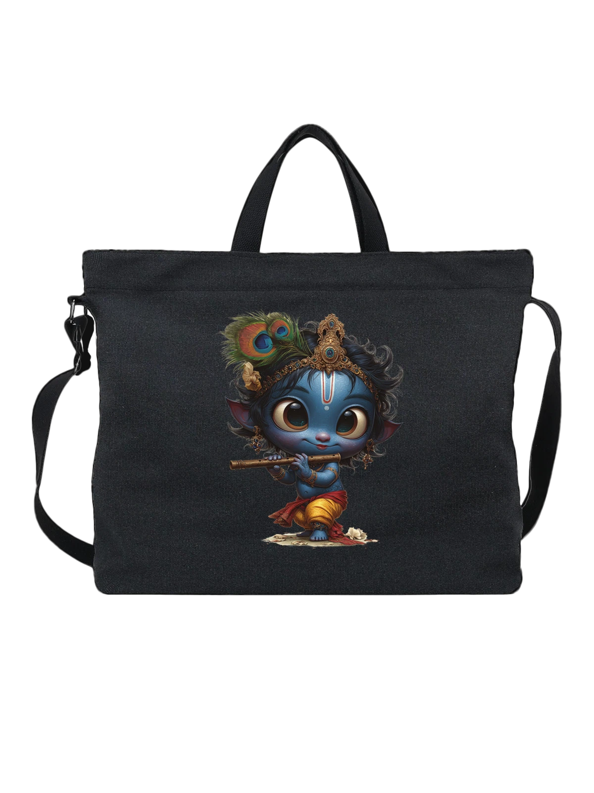 Сумка Baby Krishna с флейтой и павлиньим пером чёрная с принтом — религиозный персонаж — Чёрная, фото 1