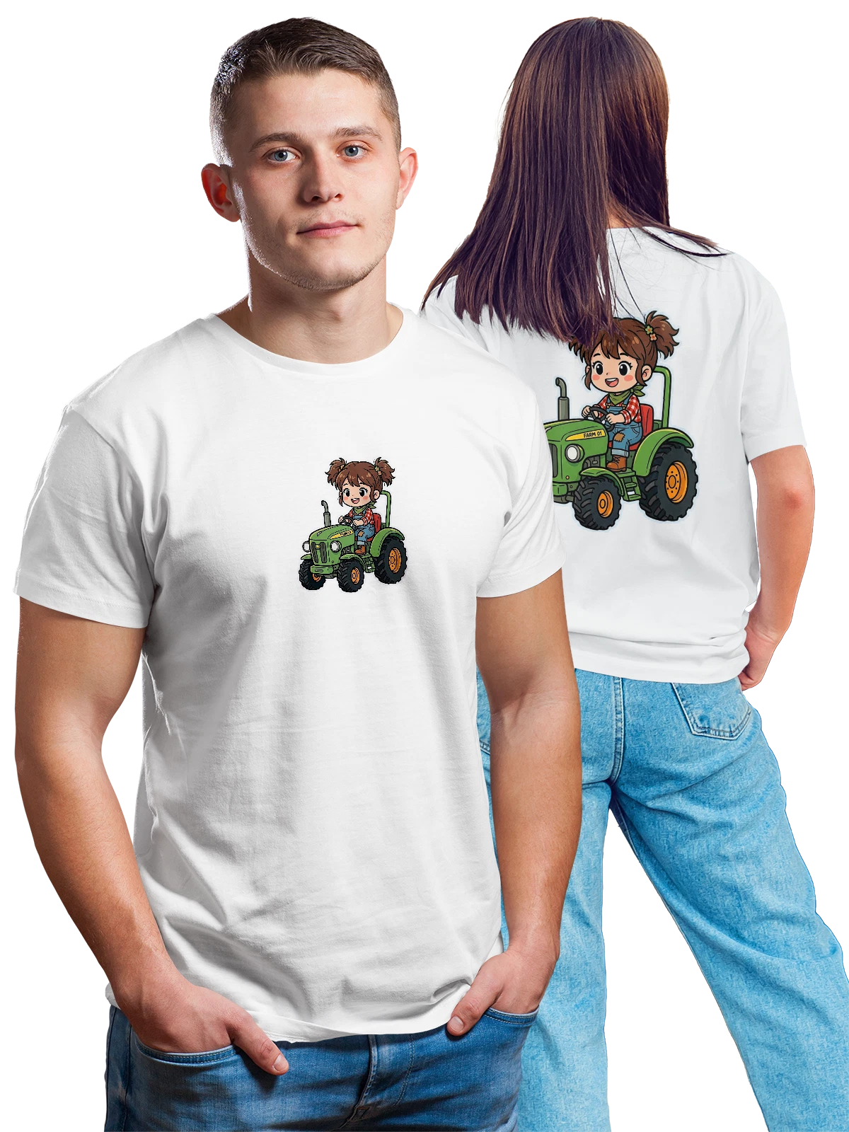 Футболка Девочка на зеленом тракторе Farm 01 белая с принтом на спине — зеленый трактор — Белая, фото 1