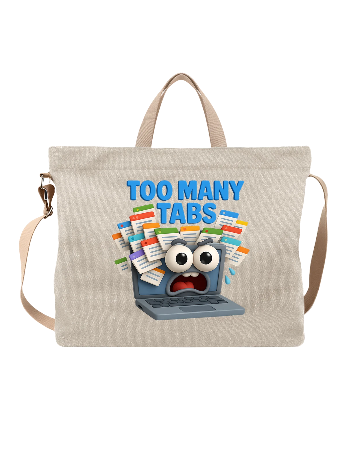 Сумка бежевая с принтом Toomany Tabs смешной ноутбук с глазами и вкладками — веб серфинг — Бежевая, фото 1