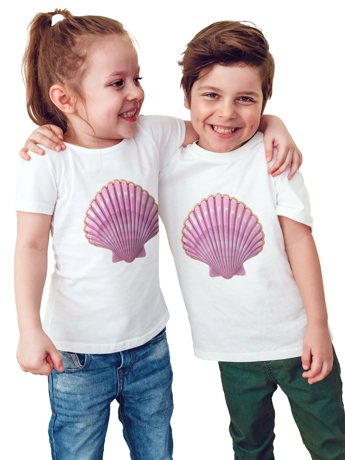 Футболка детская Розовая морская раковина с золотым контуром белая с принтом — морской декор — Белая, фото 1