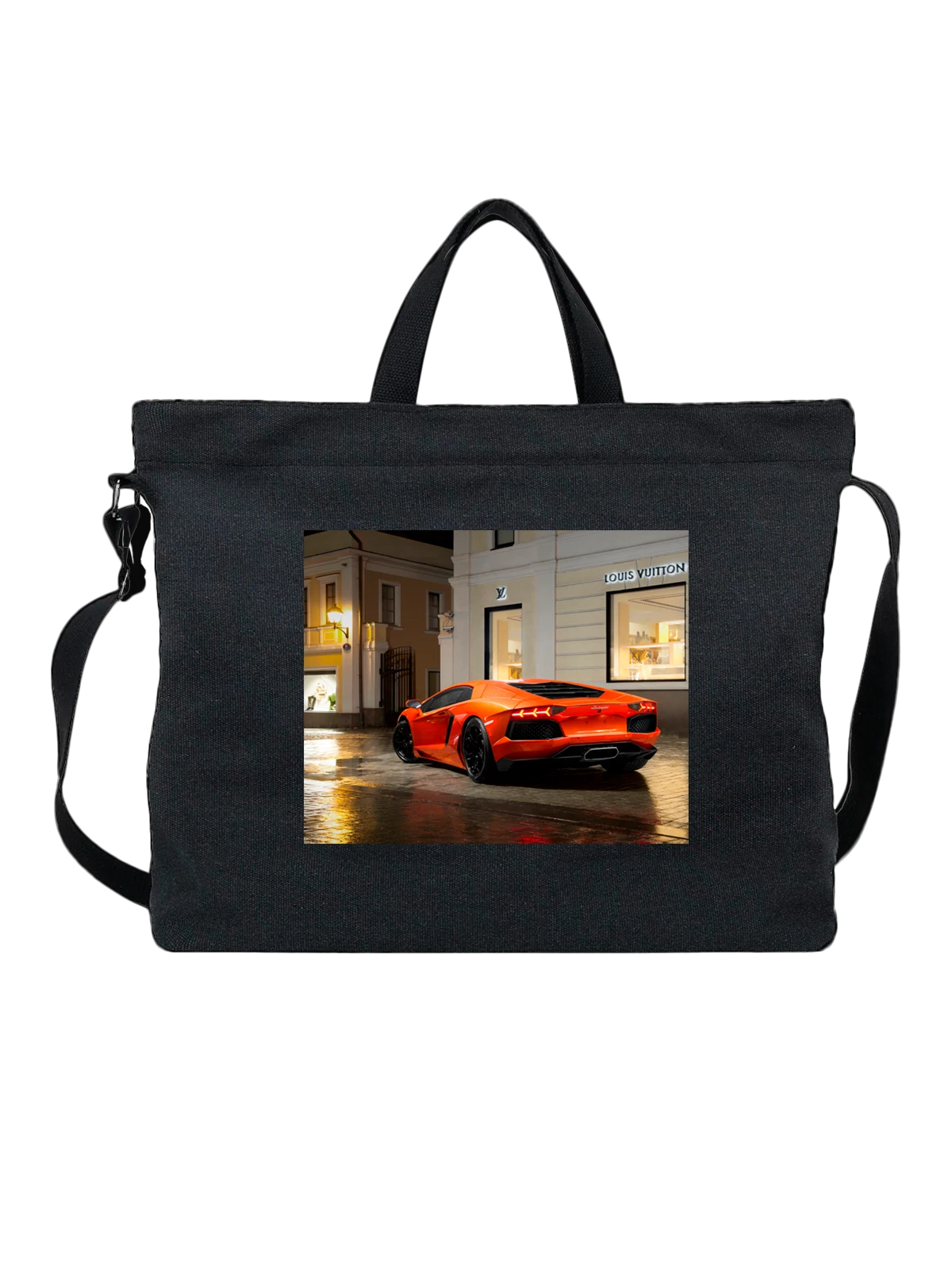 Сумка чёрная с принтом Машина огненная lamborghini — автоспорт — Чёрная, фото 1