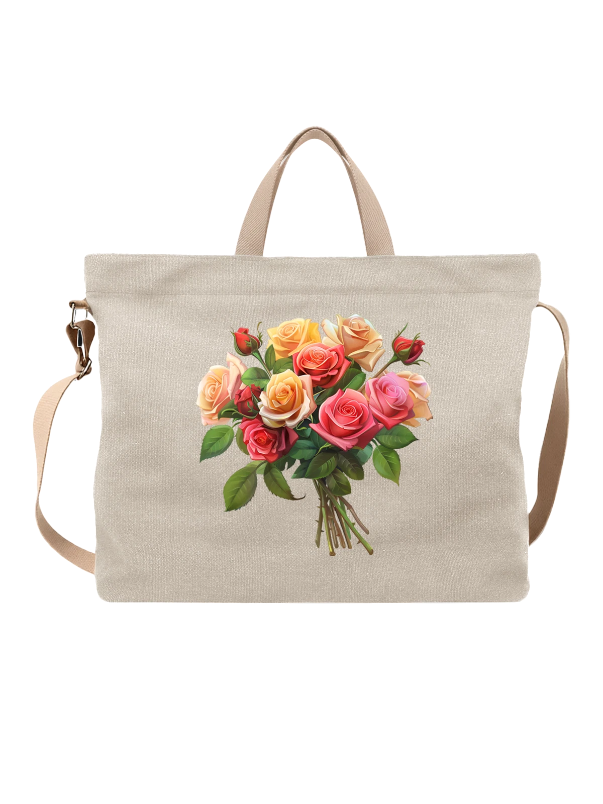 Сумка бежевая с принтом с букетом садовых роз и зелёными листьями — red roses — Бежевая, фото 1