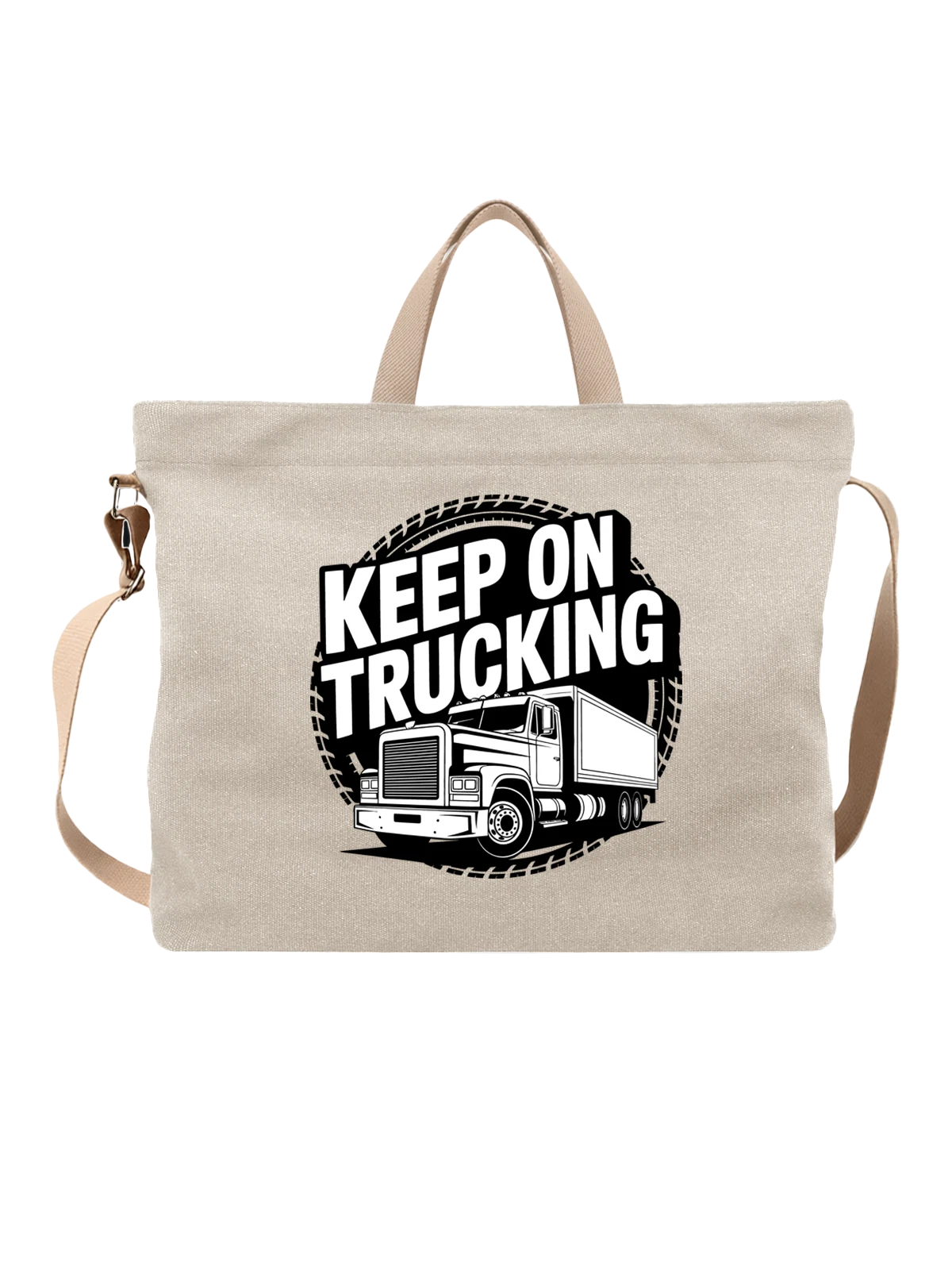 Сумка бежевая с принтом Semi truck с надписью Keep on Trucking — надпись keep on trucking — Бежевая, фото 1