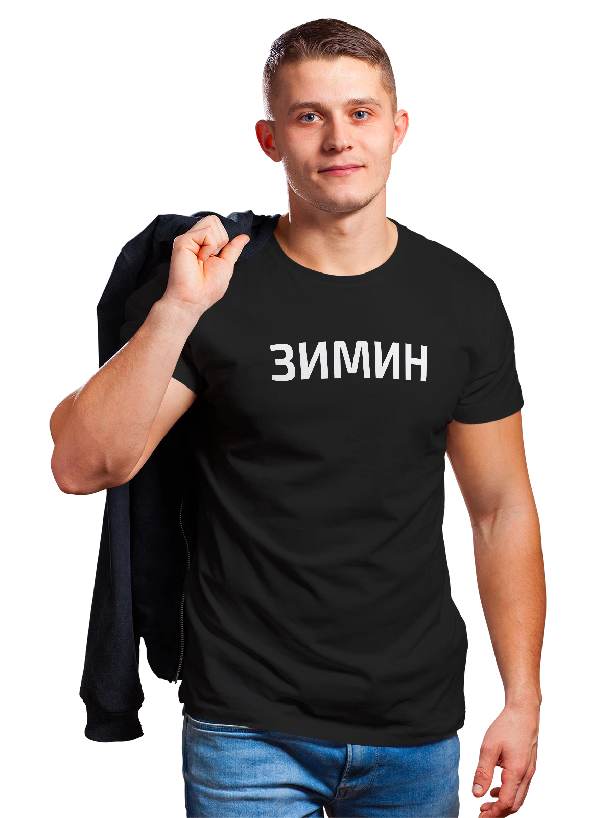 Футболка с фамилией Зимин чёрная с принтом — индивидуальная надпись — Чёрная, фото 1