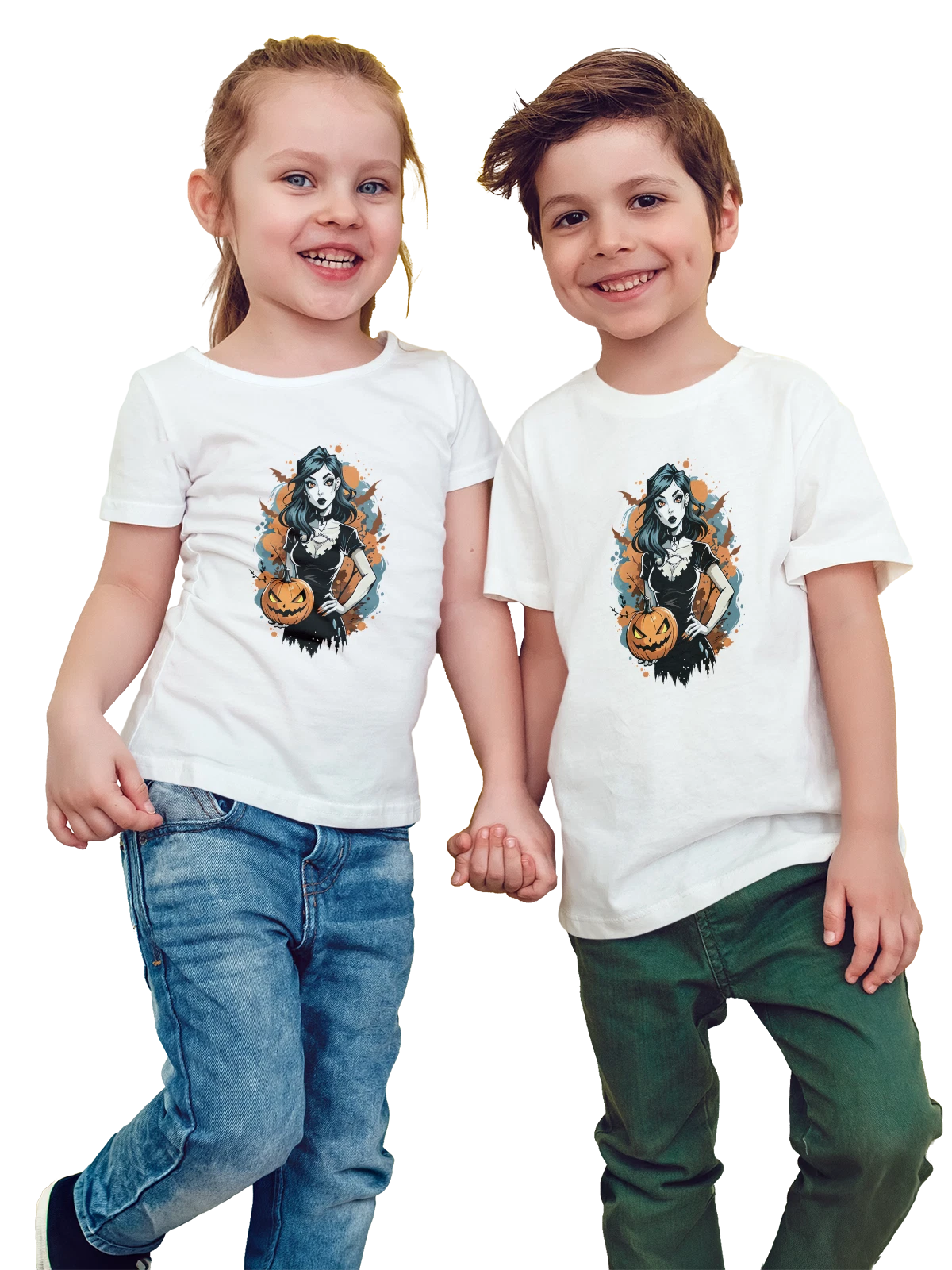 Футболка детская Девушка с тыквой Хэллоуин мультфильм хэллоуинская белая с принтом — праздничный — Белая, фото 1
