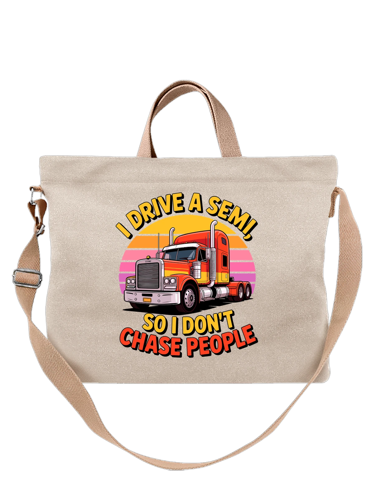 Сумка бежевая с принтом Красный тягач с надписью I Drive A Semi — фура — Бежевая, фото 1
