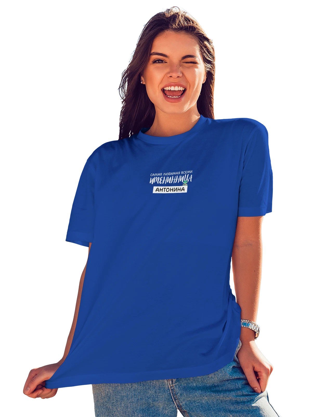 Футболка Антонина Тоня именинница синяя с принтом — надпись с именем — Синяя, фото 1