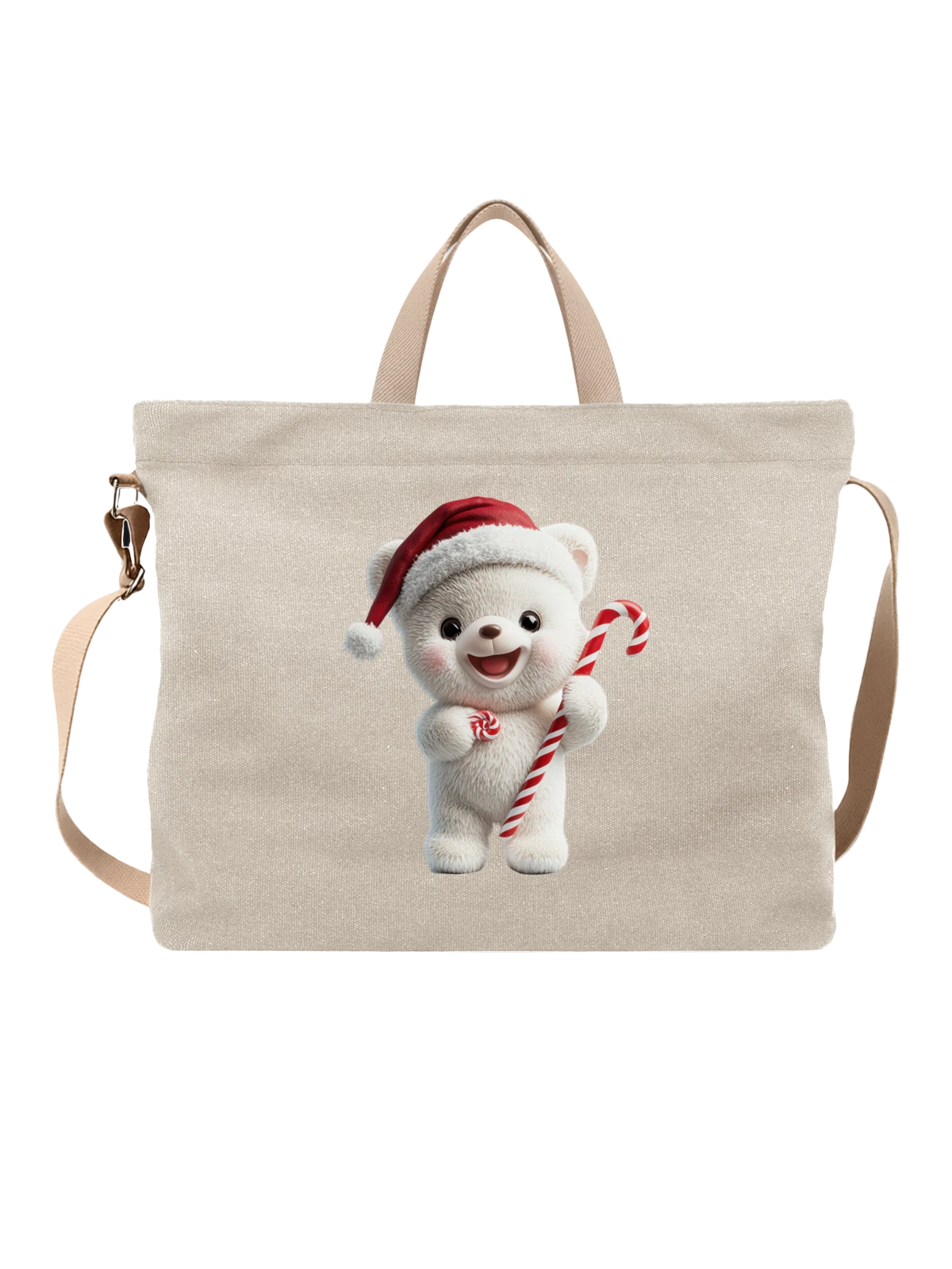 Сумка бежевая с принтом медвежонок с леденцом — holiday character — Бежевая, фото 1