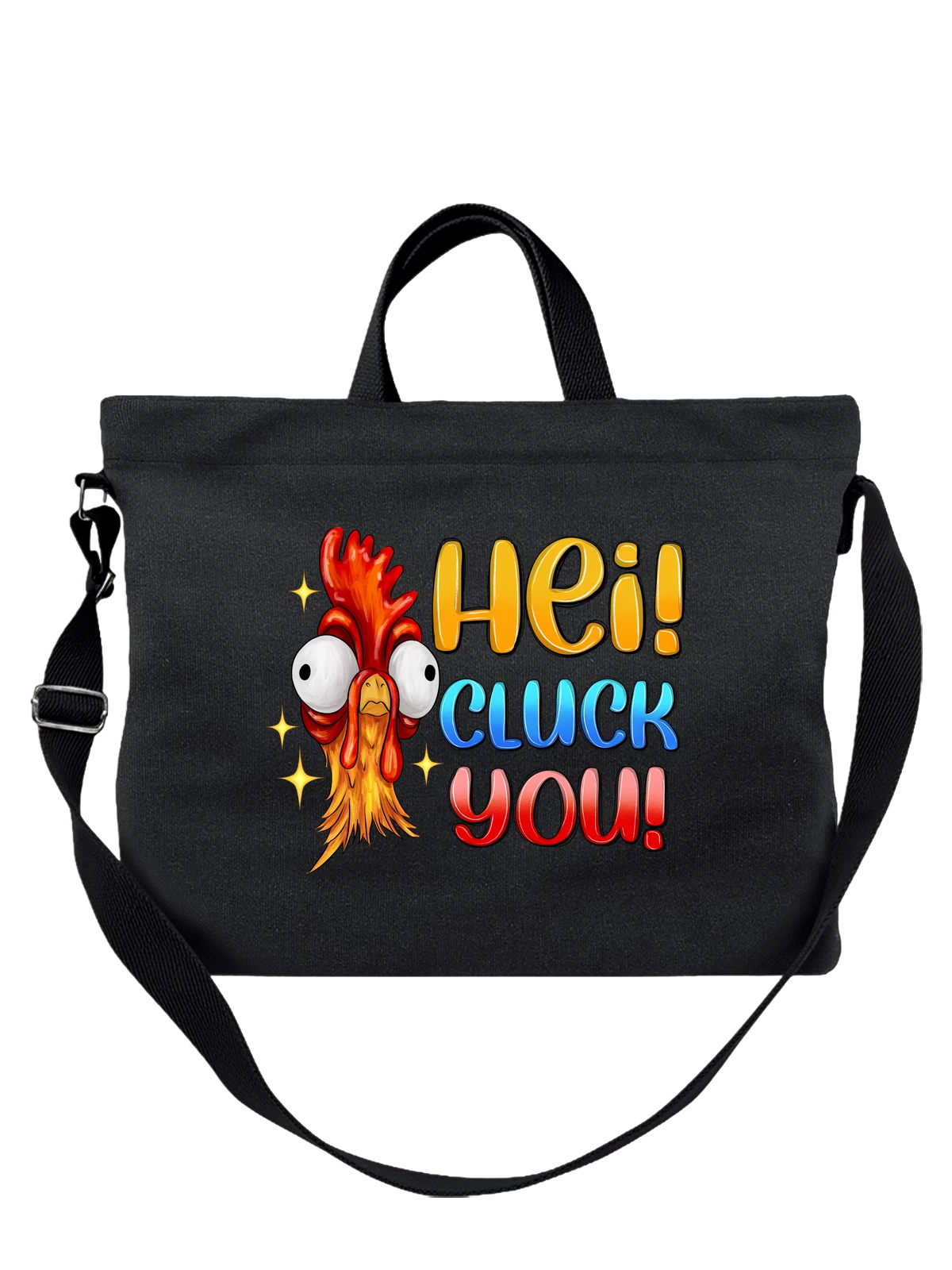Сумка чёрная с принтом с мультяшным петухом и Hey Cluck You — клюв — Чёрная, фото 1