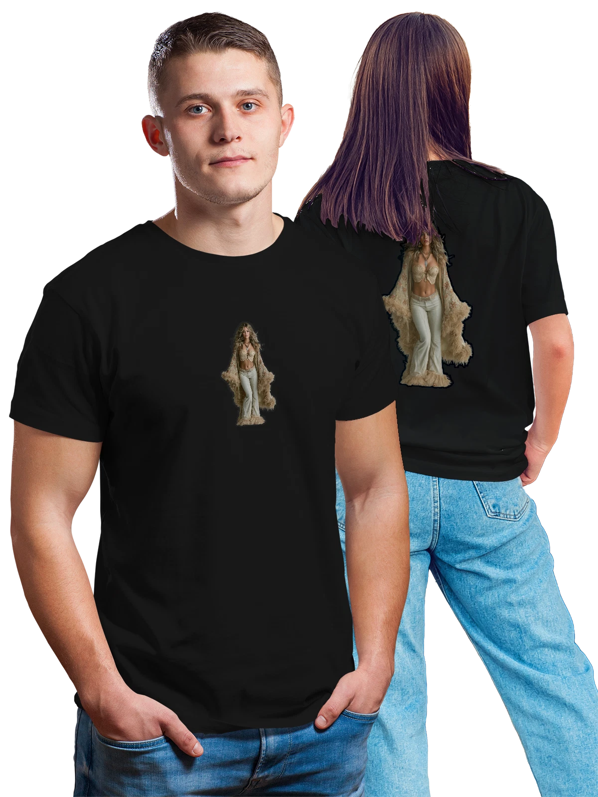 Футболка Девушка в бохо образе с длинными волосами чёрная с принтом на спине — стильная женщина — Чёрная, фото 1