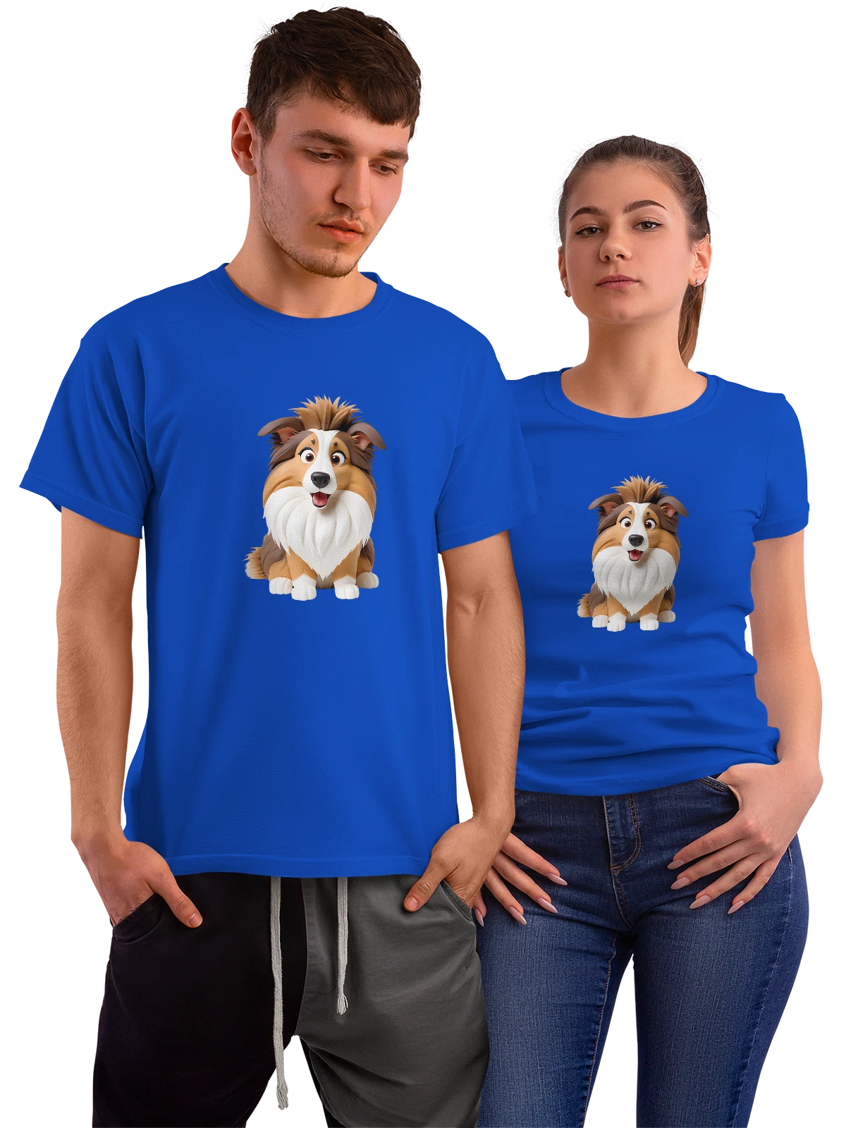 Футболка Милый щенок колли с пушистой мордой синяя с принтом — милый collie puppy — Синяя, фото 1