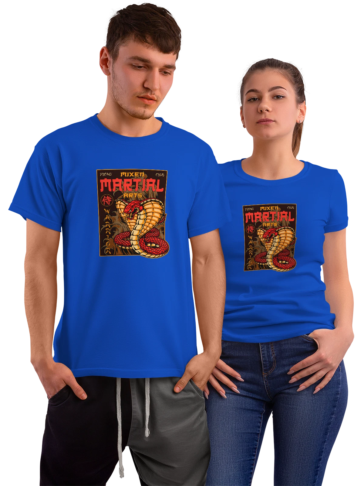 Футболка Боевая кобра Martial Arts на темном фоне синяя с принтом — азиатский стиль — Синяя, фото 1