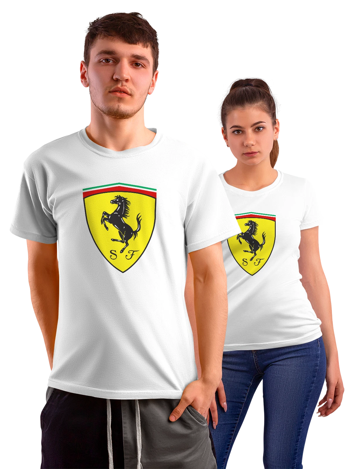 Футболка Ferrari с черным жеребцом и логотипом SF белая с принтом — фирменный знак Ferrari — Белая, фото 1