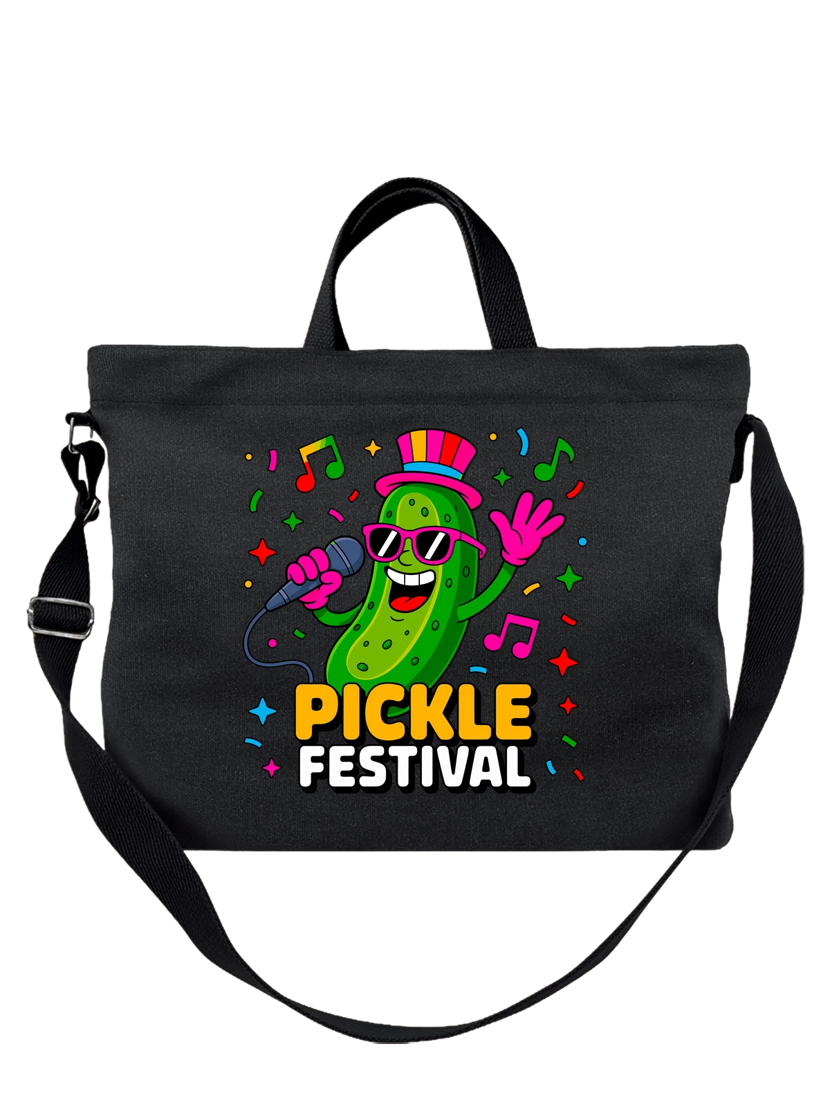 Сумка чёрная с принтом Огурец в очках с микрофоном Pickle Festival — концерт — Чёрная, фото 1