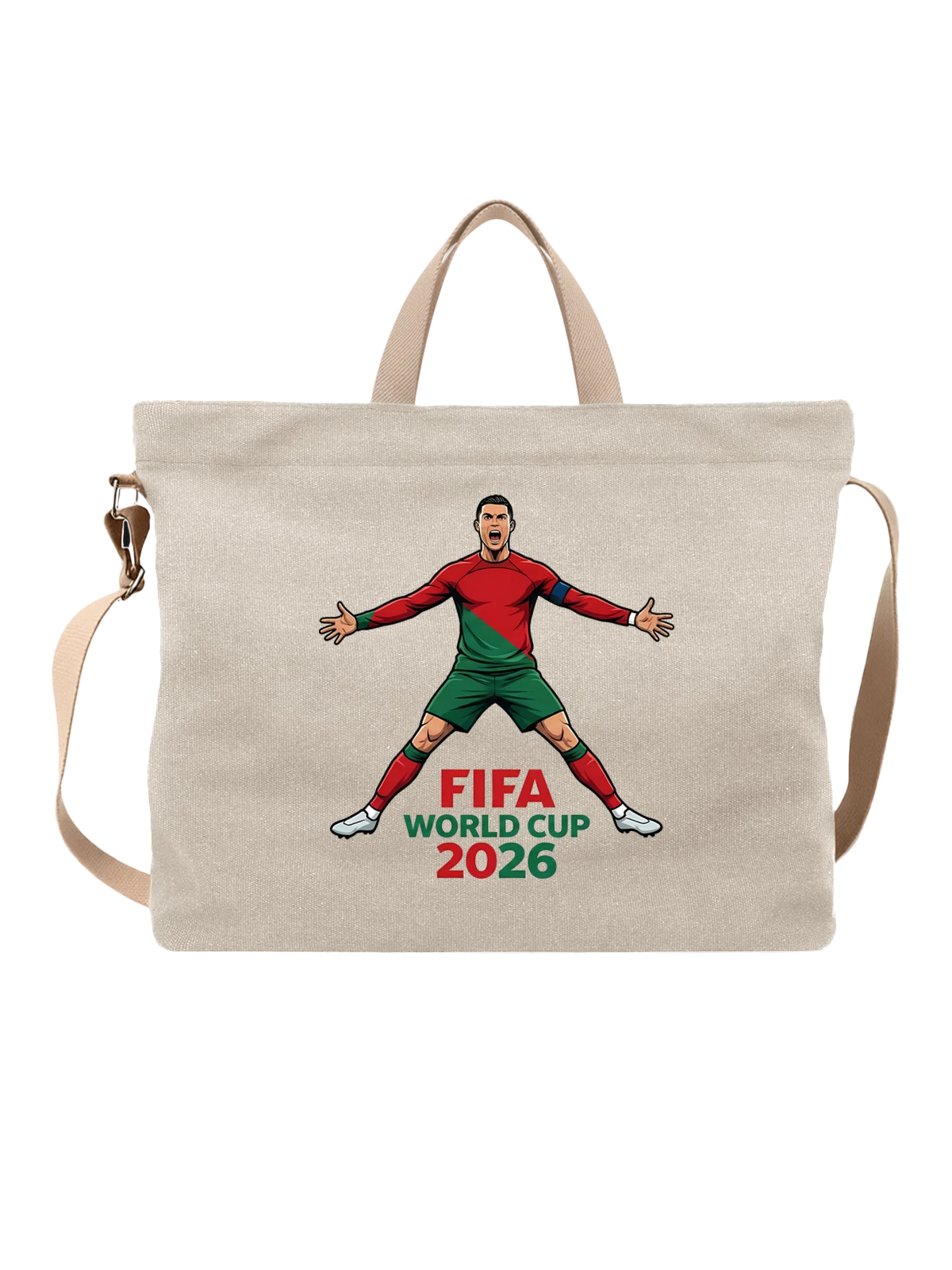 Сумка бежевая с принтом Криштиану Роналду FIFA World Cup 2026 в красной — фанатский мерч — Бежевая, фото 1