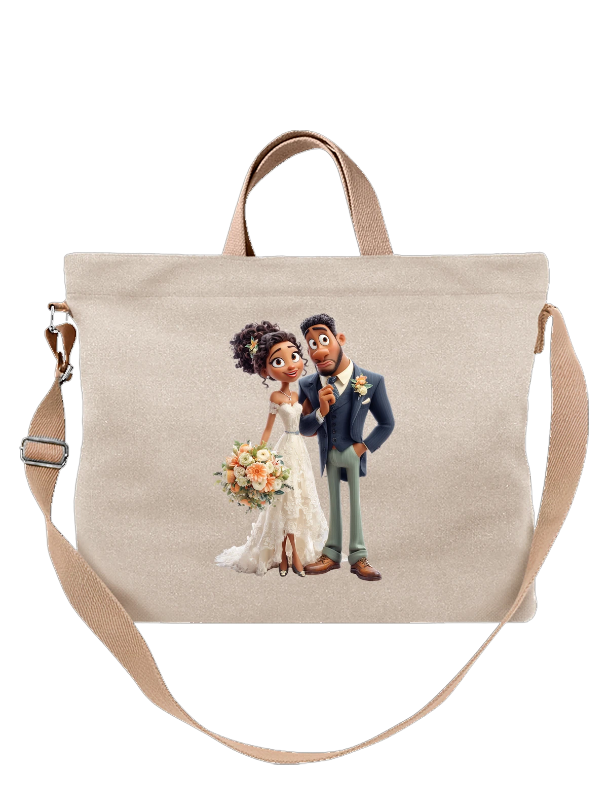 Сумка бежевая с принтом Мультяшные bride and groom с букетом — groom in navy suit — Бежевая, фото 1