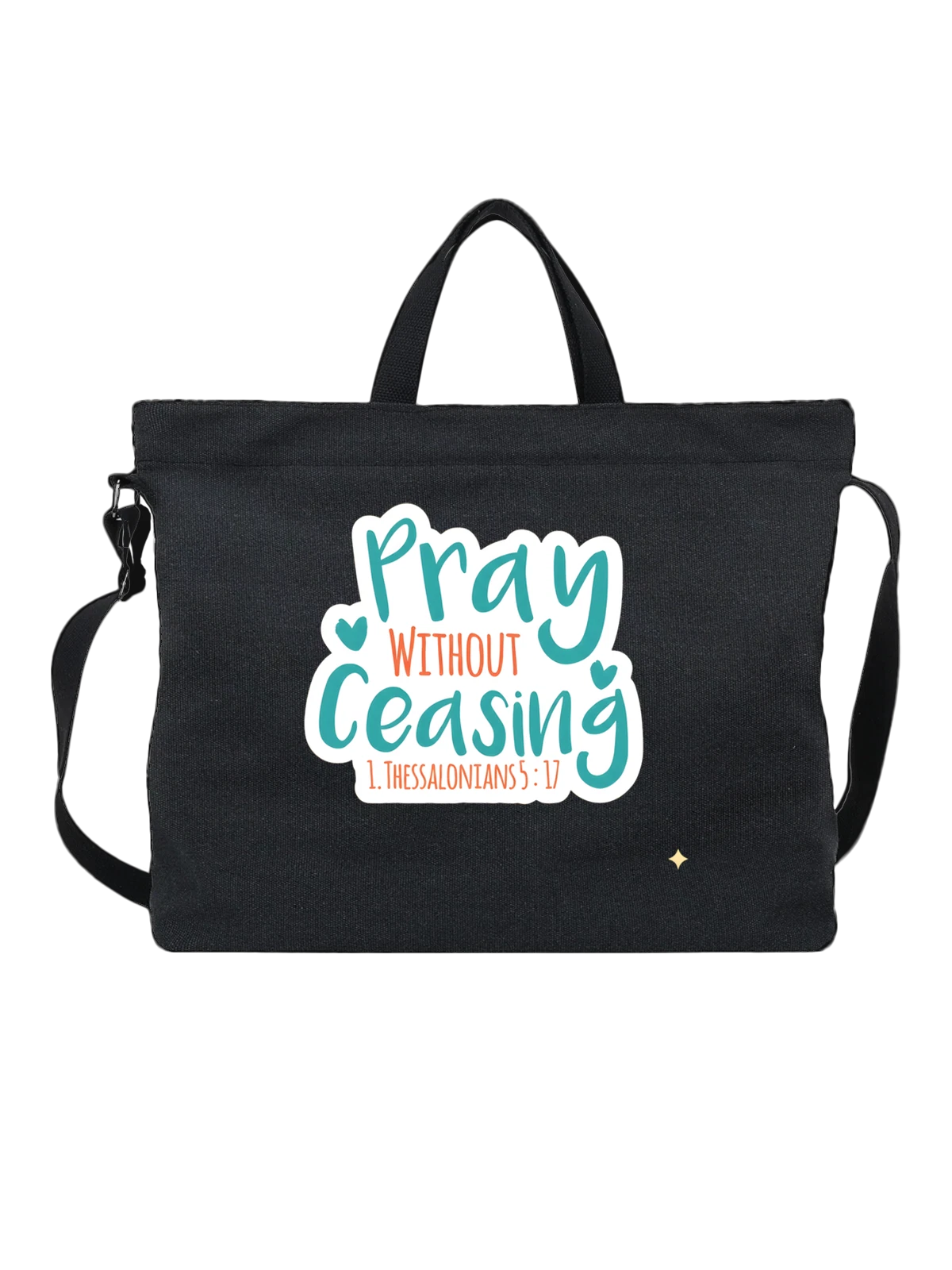 Сумка чёрная с принтом Pray Without Ceasing с сердцами и цитатой — сердце — Чёрная, фото 1