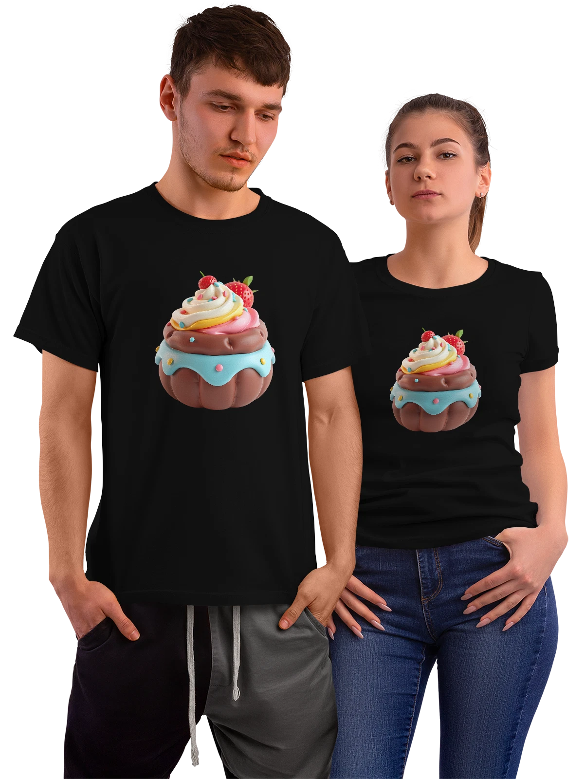 Футболка с шоколадным капкейком и клубникой чёрная с принтом — посыпка — Чёрная, фото 1