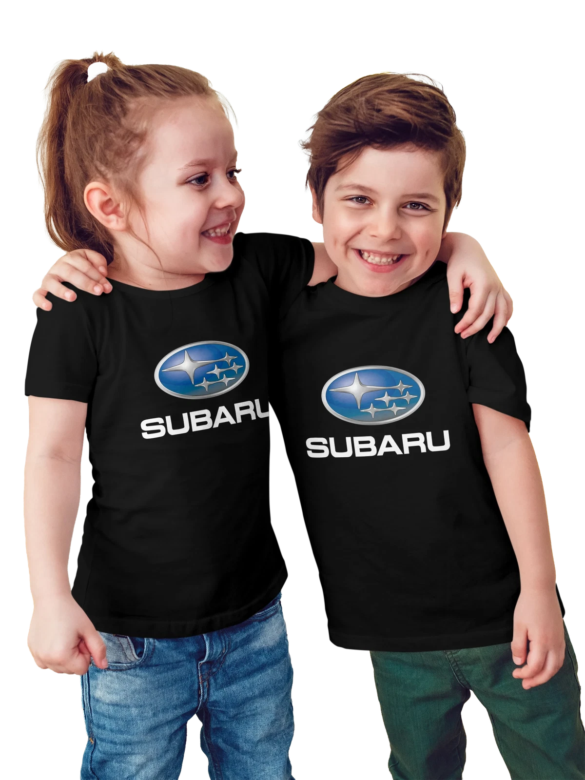Футболка детская Subaru чёрная с принтом — контрастный принт — Чёрная, фото 1