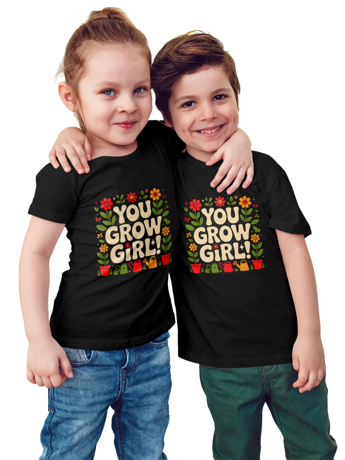 Футболка детская You Grow Girl с цветами и горшками чёрная с принтом — женский мотив — Чёрная, фото 1