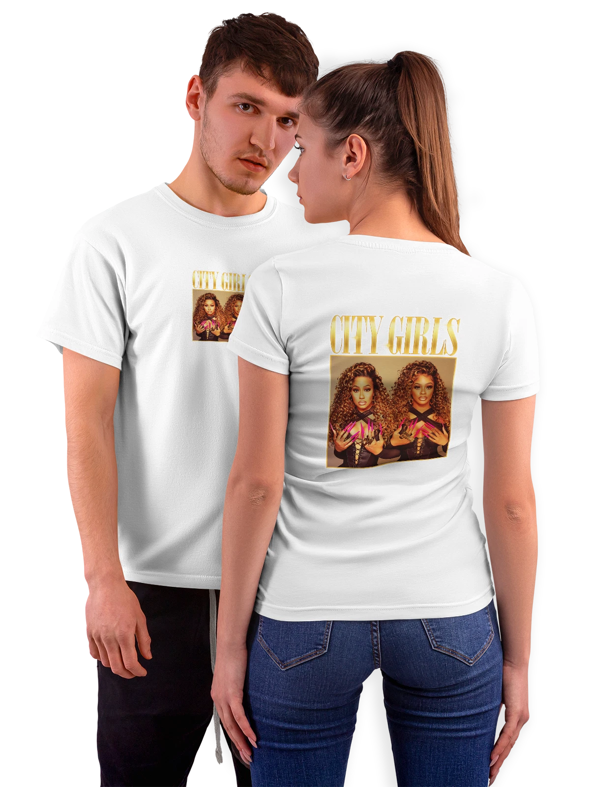 Футболка City Girls две певицы в черных нарядах белая с принтом на спине — черный корсет — Белая, фото 1