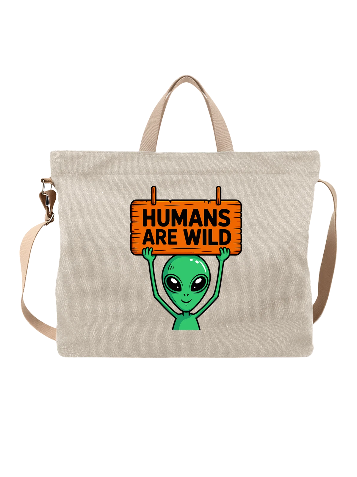 Сумка бежевая с принтом Зелёный инопланетянин с табличкой Humans Are Wild — космос — Бежевая, фото 1