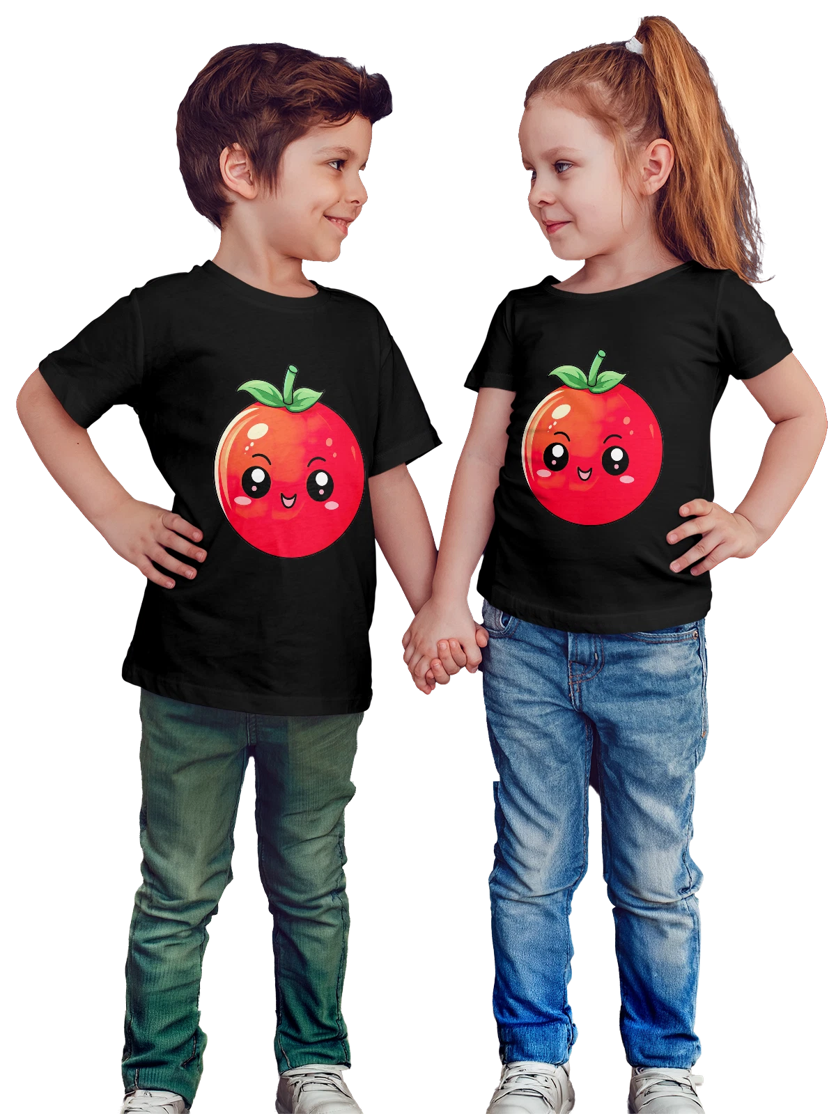Футболка детская Милый красный помидор с листочками чёрная с принтом — cartoon tomato — Чёрная, фото 1